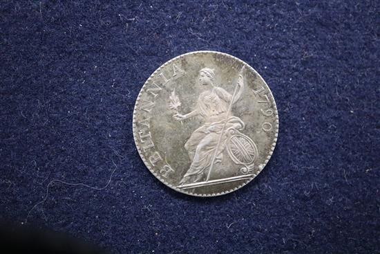 A silver sixpence 1790 Pattern by Droz, GEF and an England and Union of Scotland 1707 silver medal by J. Croker, F